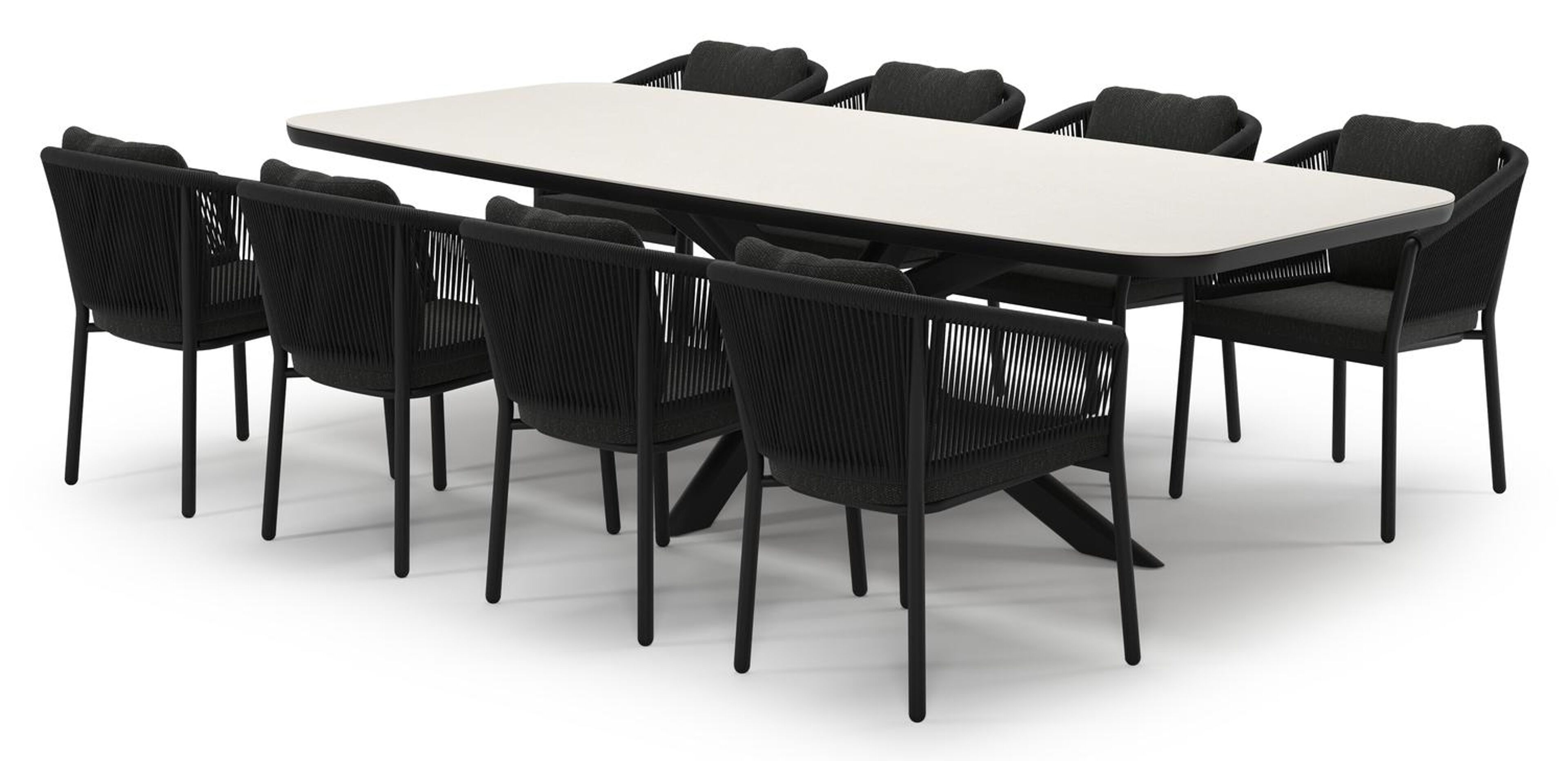 Ensemble de jardin Pamplona en aluminium noir et sintered stone crema minerale avec 8 chaises de jardin Gerona