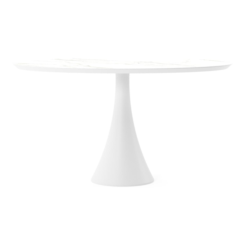 Table de jardin Fano oval en aluminium blanc et céramique pleine Calacatta - Lg. 140 x Lrg. 80 x Haut. 75 cm