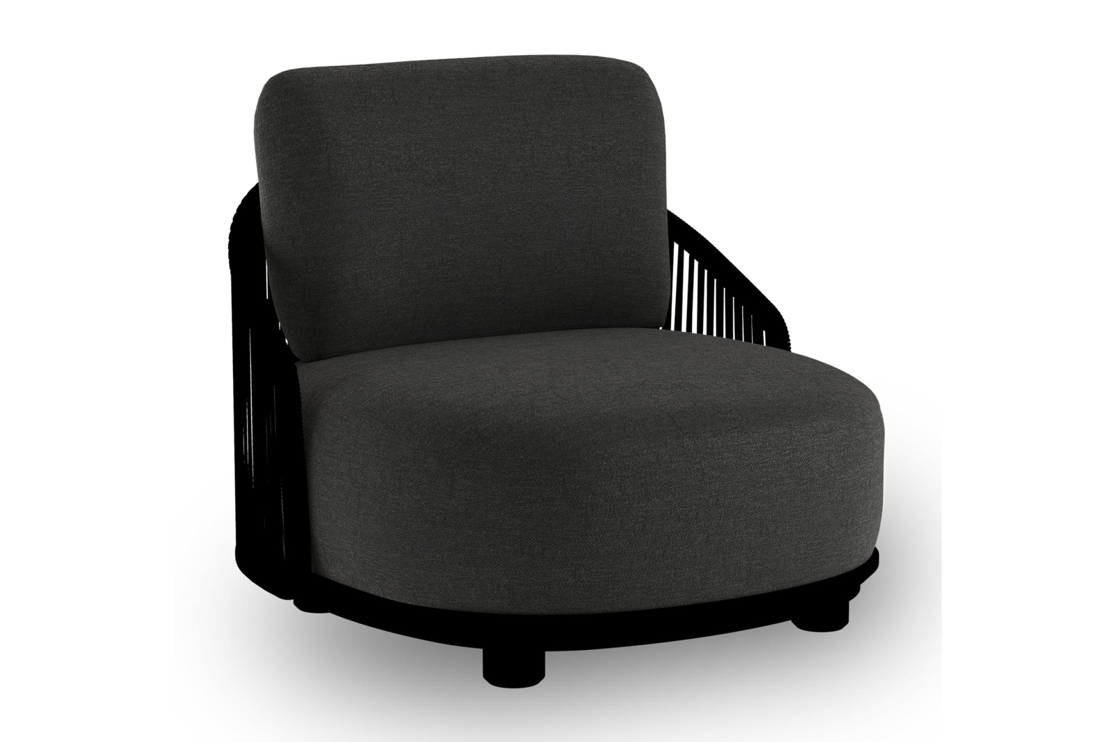 Fauteuil de jardin Vadelo en aluminium noir et corde ronde tissée verticalement noir et coussins en all weather sunbrella® luxe chartres sooty