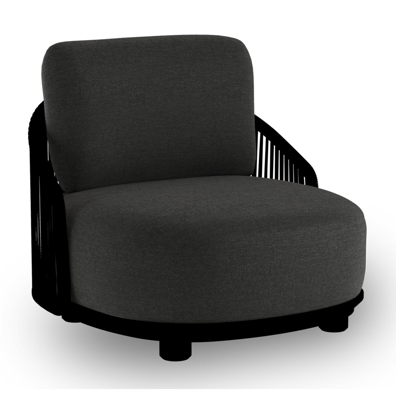 Fauteuil de jardin Vadelo en aluminium noir et corde ronde tissée verticalement noir et coussins en all weather sunbrella® luxe chartres sooty