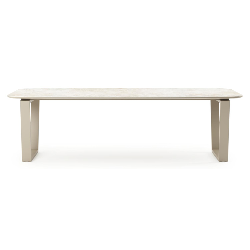 Table de jardin Pagino forme de bateau en aluminium beige et céramique pleine Rapolano Lg. 255 x Lrg. 115 cm
