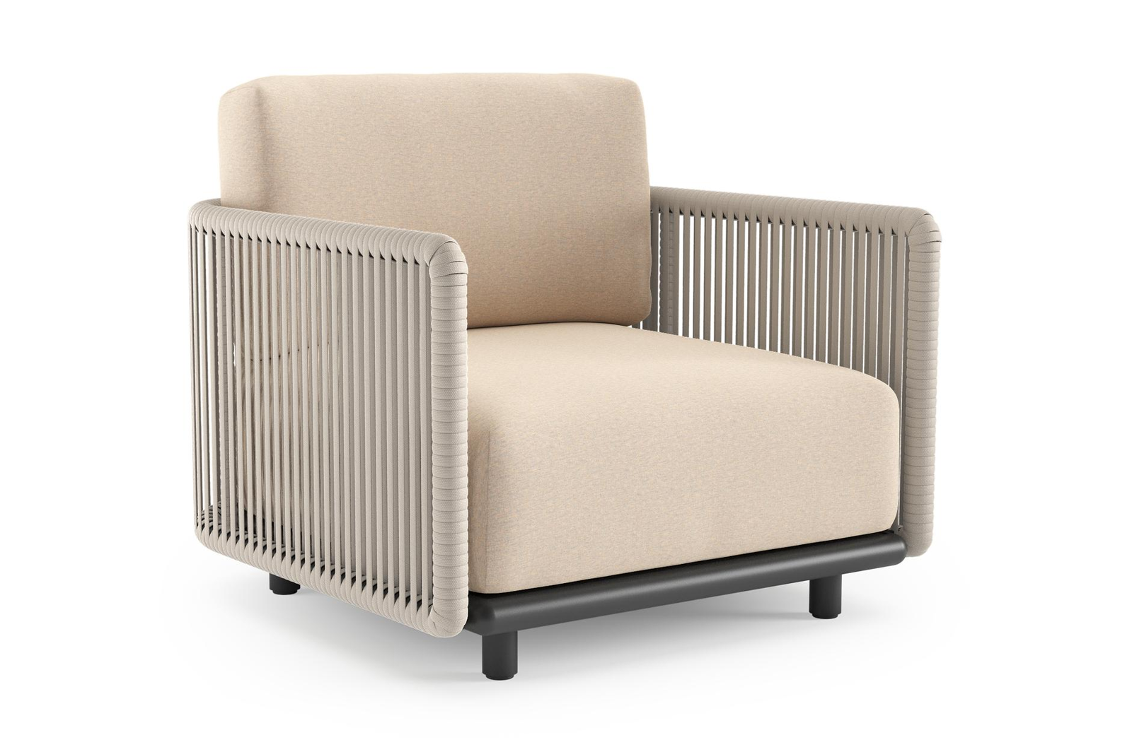 Organo loungestoel 1-zit in zwart aluminium en beige verticaal geweven luxe vlakke rope met heritage papyrus all weather sunbrella® luxe kussen