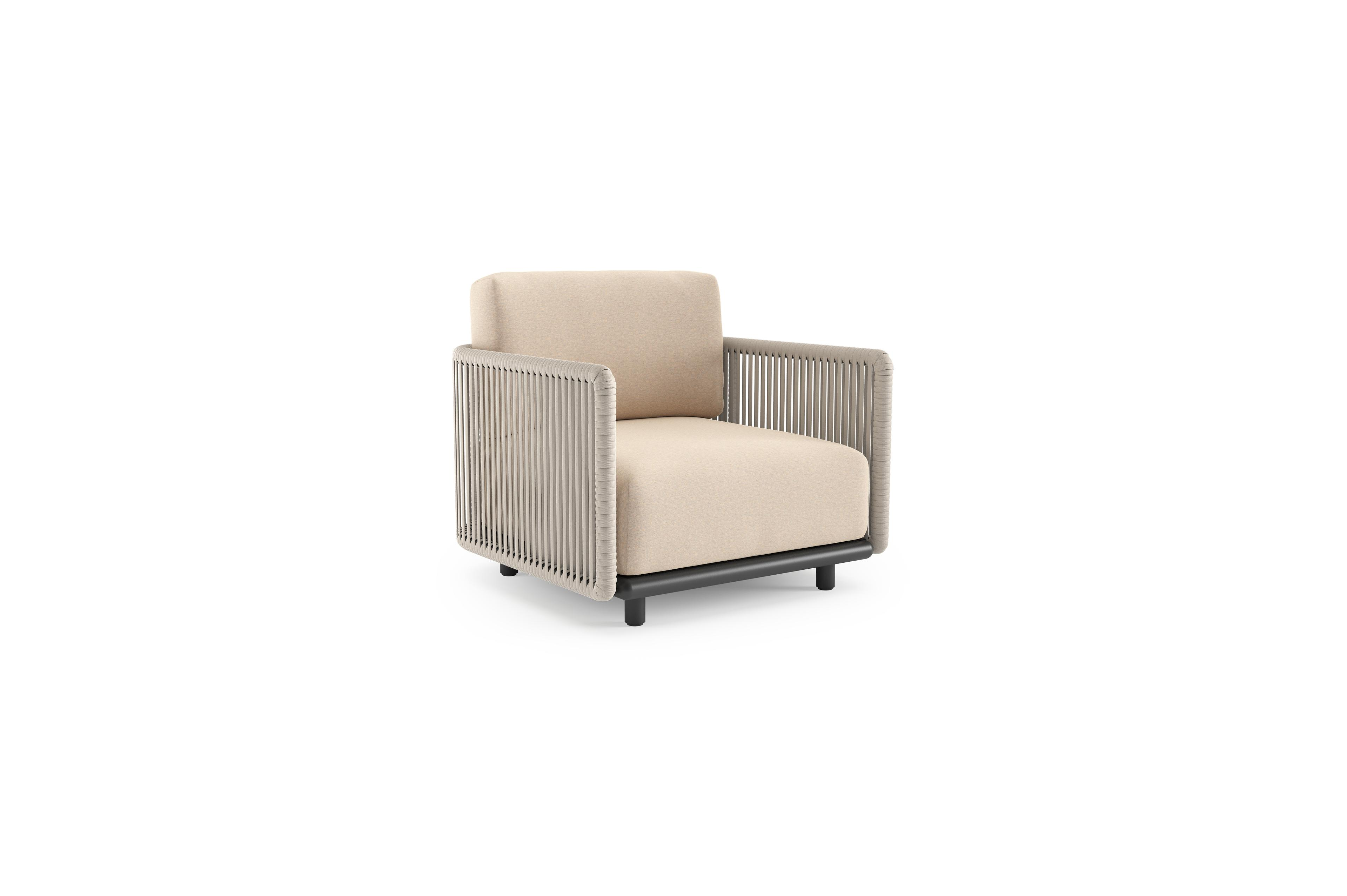 Organo loungestoel 1-zit in zwart aluminium en beige verticaal geweven luxe vlakke rope met heritage papyrus all weather sunbrella® luxe kussen