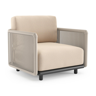 Organo loungestoel 1-zit in zwart aluminium en beige verticaal geweven luxe vlakke rope met heritage papyrus all weather sunbrella® luxe kussen