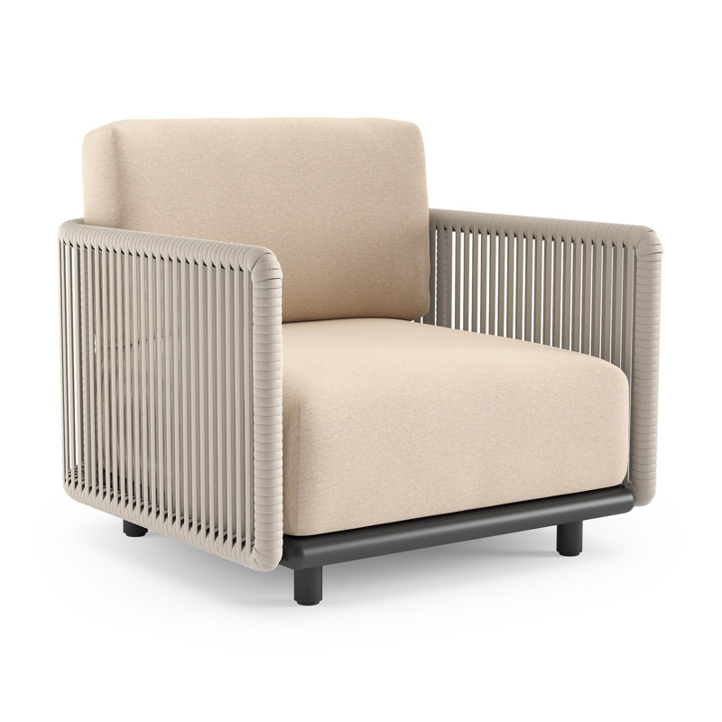 Organo loungestoel 1-zit in zwart aluminium en beige verticaal geweven luxe vlakke rope met heritage papyrus all weather sunbrella® luxe kussen