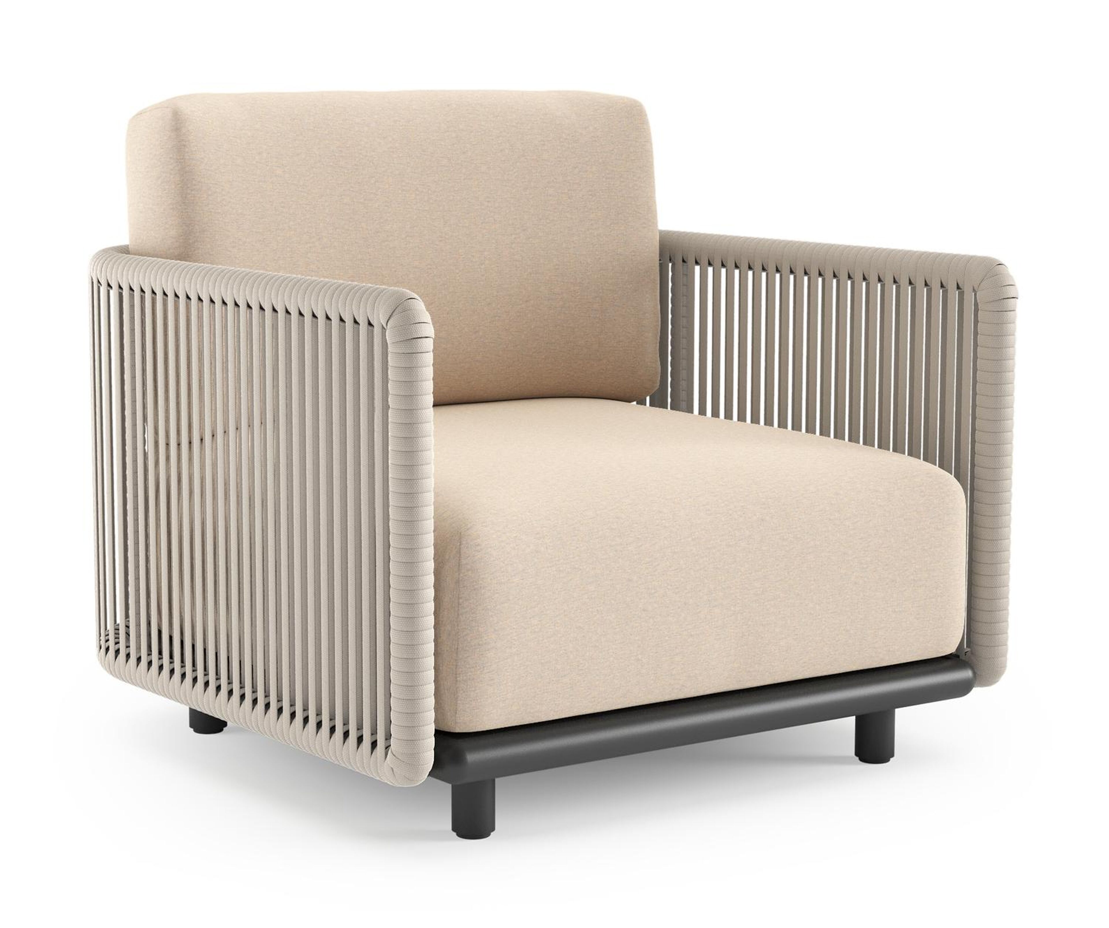 Organo loungestoel 1-zit in zwart aluminium en beige verticaal geweven luxe vlakke rope met heritage papyrus all weather sunbrella® luxe kussen