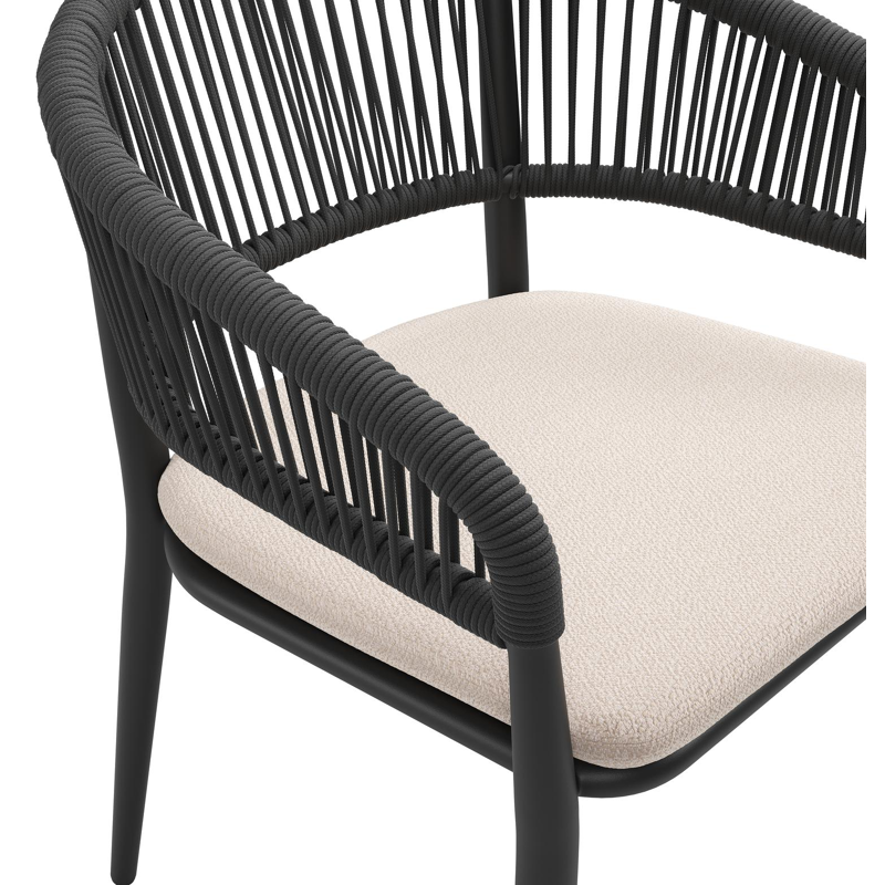 Tolfa stapelbare tuinstoel in zwart aluminium en zwart verticaal geweven ronde rope met stoelkussen in All Weather Sunbrella® Luxe Wander Pilat