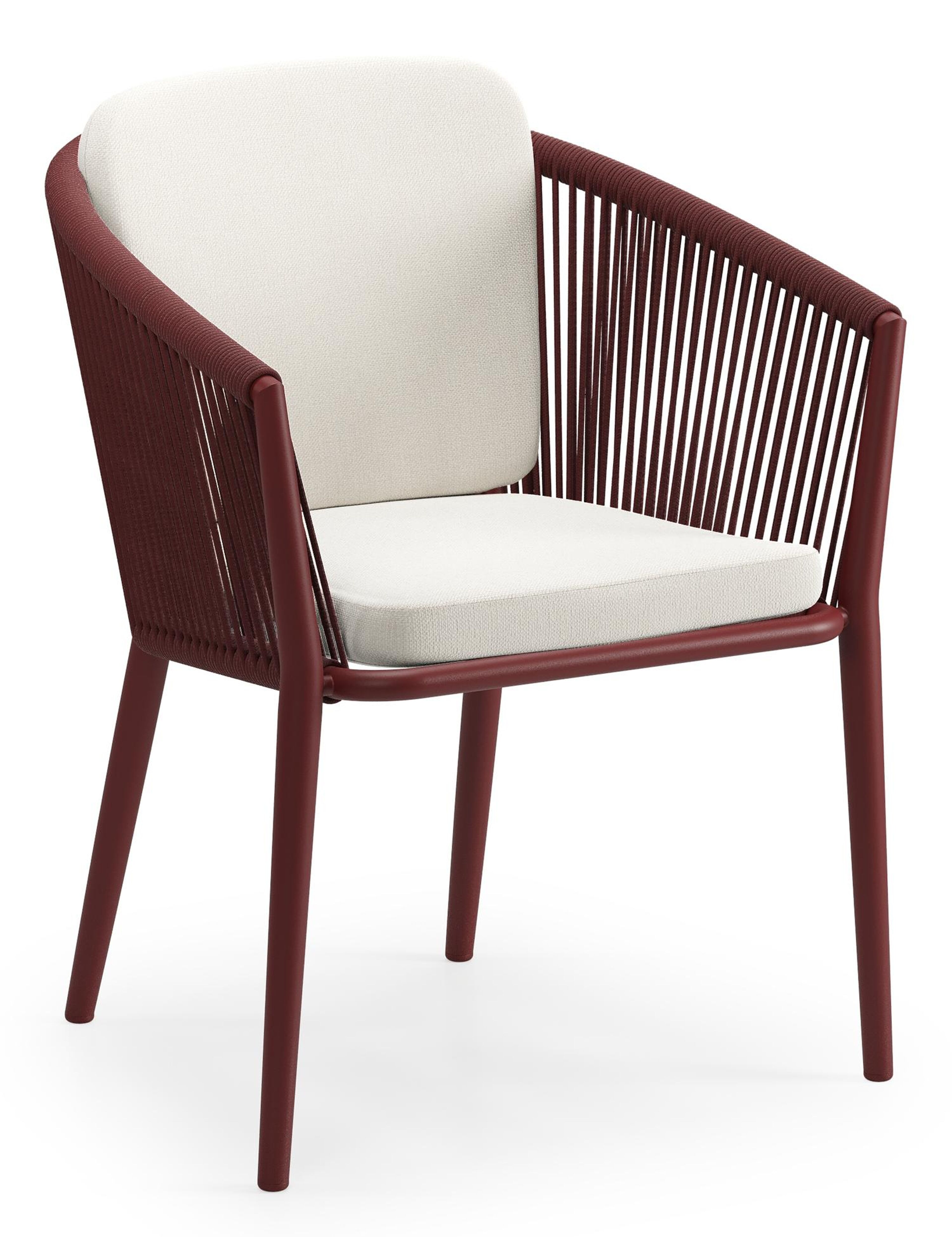 Orso tuinstoel in ruby aluminium en ruby verticaal geweven ronde rope met zitkussen in All Weather Sunbrella® Luxe Savane White