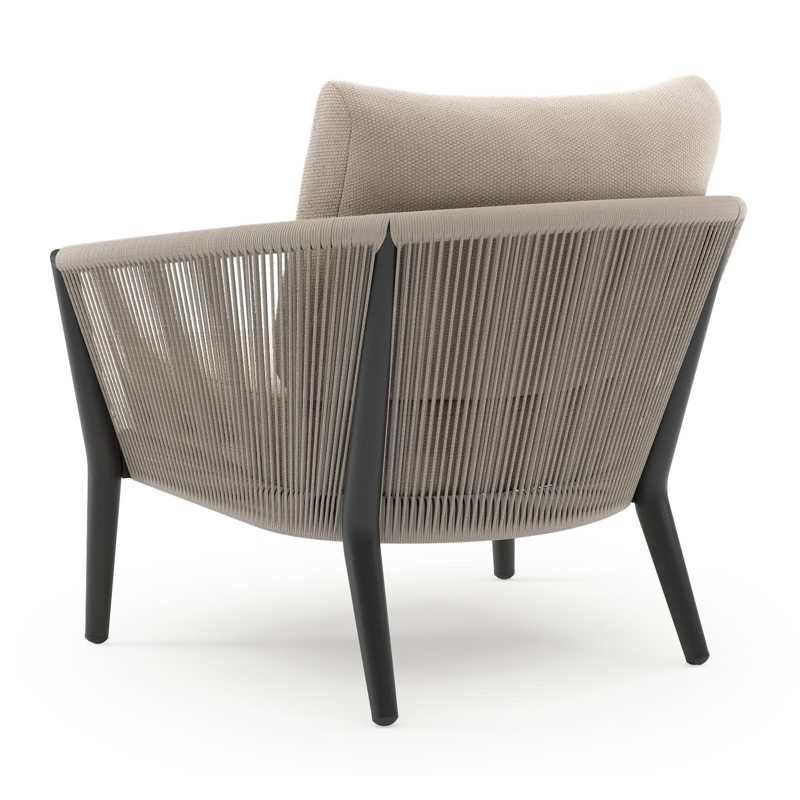 Orso loungestoel in zwart aluminium en beige verticaal geweven ronde rope met Lopi Antique all weather sunbrella® luxe kussen