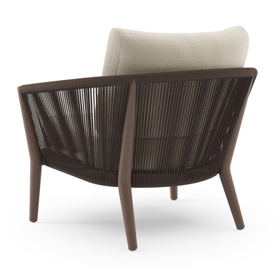 Fauteuil de jardin Orso en aluminium taupe en corde ronde tissée verticalement noir et coussins en all weather cosytica Althea Off White