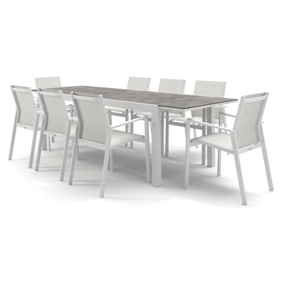 Oviedo tuinset met verlengbare tafel in wit aluminium en grijs keramische print tafelblad met 8 stapelbare Bahia tuinstoelen