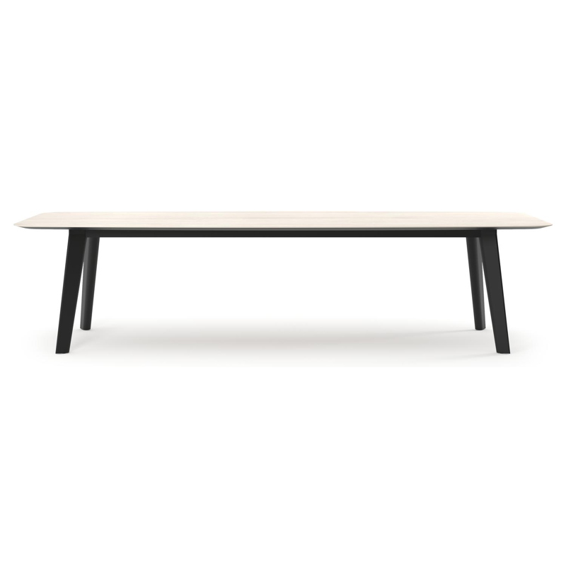 Table de jardin Lacrima forme de bateau en aluminium noir et céramique pleine Travertino Bianco - Lg. 315 x Lrg. 115 x Haut. 73 cm