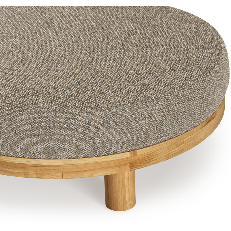 Donato lounge poef in teak en beige verticaal geweven ronde rope met all weather cosytica Madagascar Burch kussen