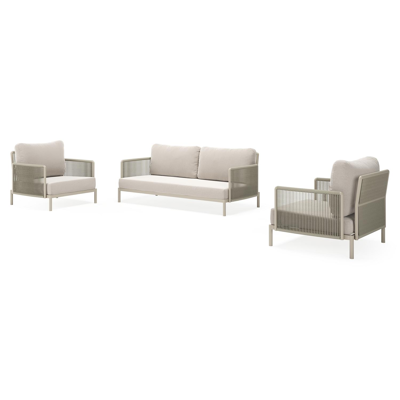 Amarante loungeset in beige aluminium en beige verticaal geweven ronde rope met beige weather+ softtouch kussens