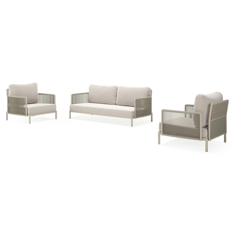 Amarante loungeset in beige aluminium en beige verticaal geweven ronde rope met beige weather+ softtouch kussens