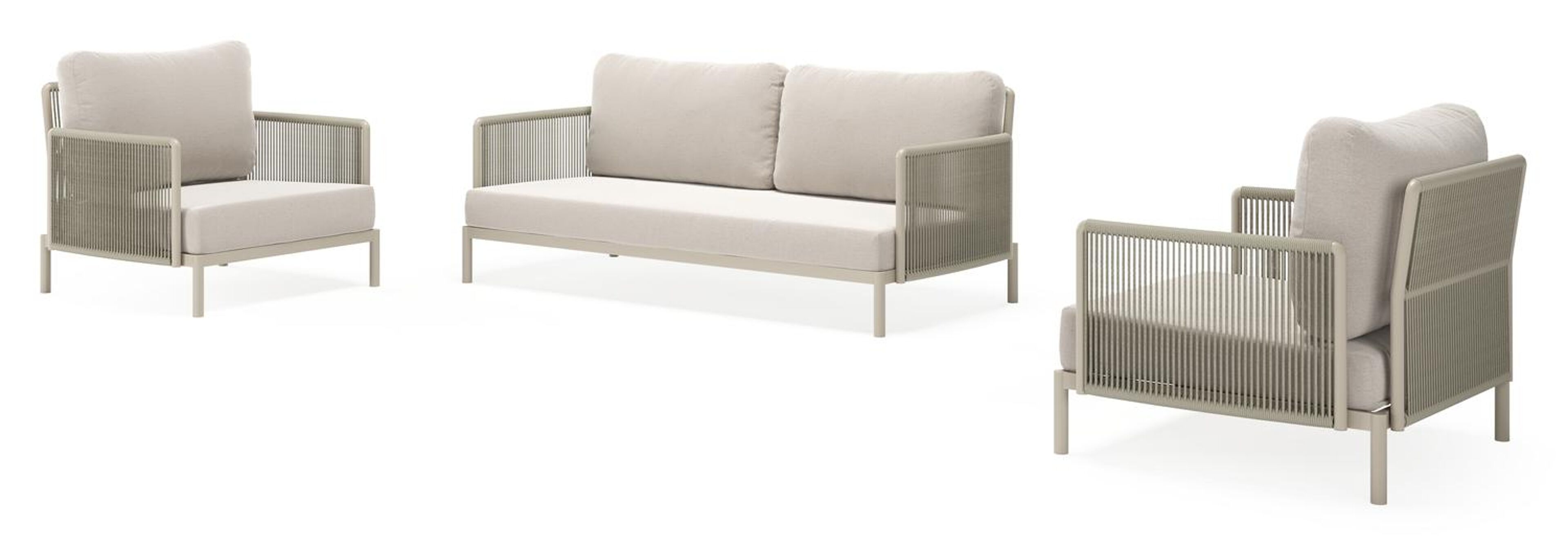 Amarante loungeset in beige aluminium en beige verticaal geweven ronde rope met beige weather+ softtouch kussens