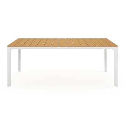 Ensemble de jardin Fina en aluminium blanc avec plateau de table en polywood naturel et 6 chaises de jardin empilables Vigo