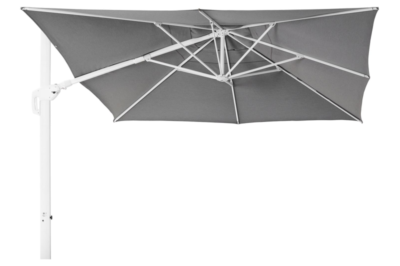 Parasol pendant Minore avec fonction tilt en aluminium blanc avec toile de parasol en all weather sunbrella® luxe natte charcoal chine - Larg1 350 x Larg2 350 cm (sans pied de parasol)