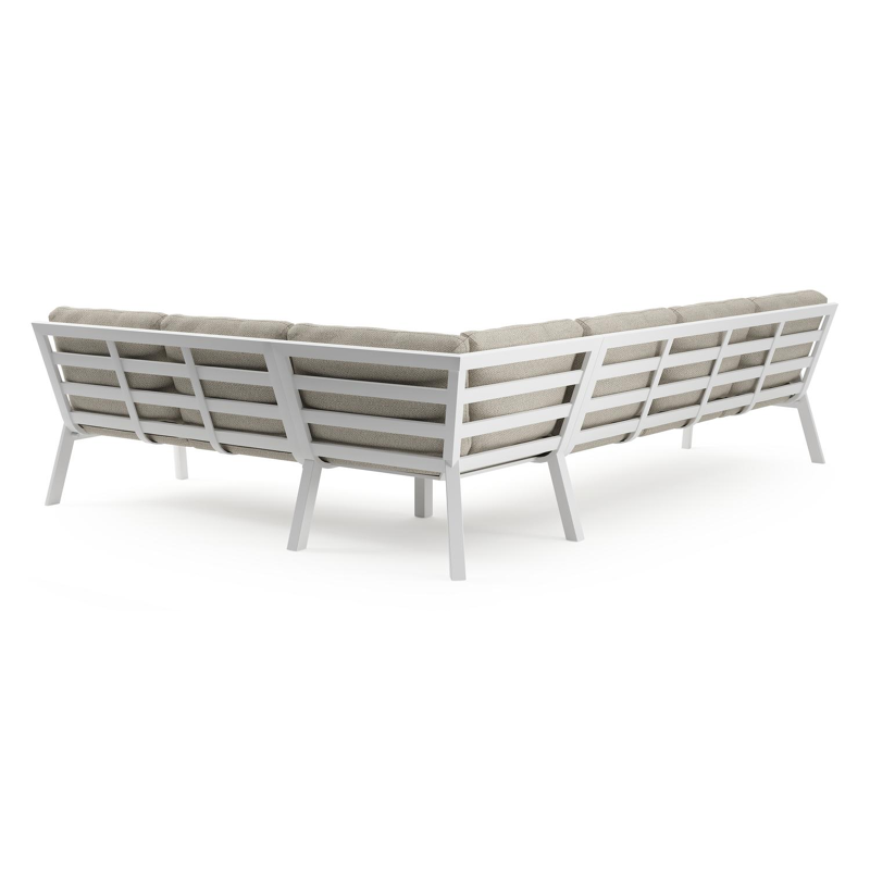 Avila loungehoek in wit aluminium met beige weather+ softtouch kussens en loungetafel