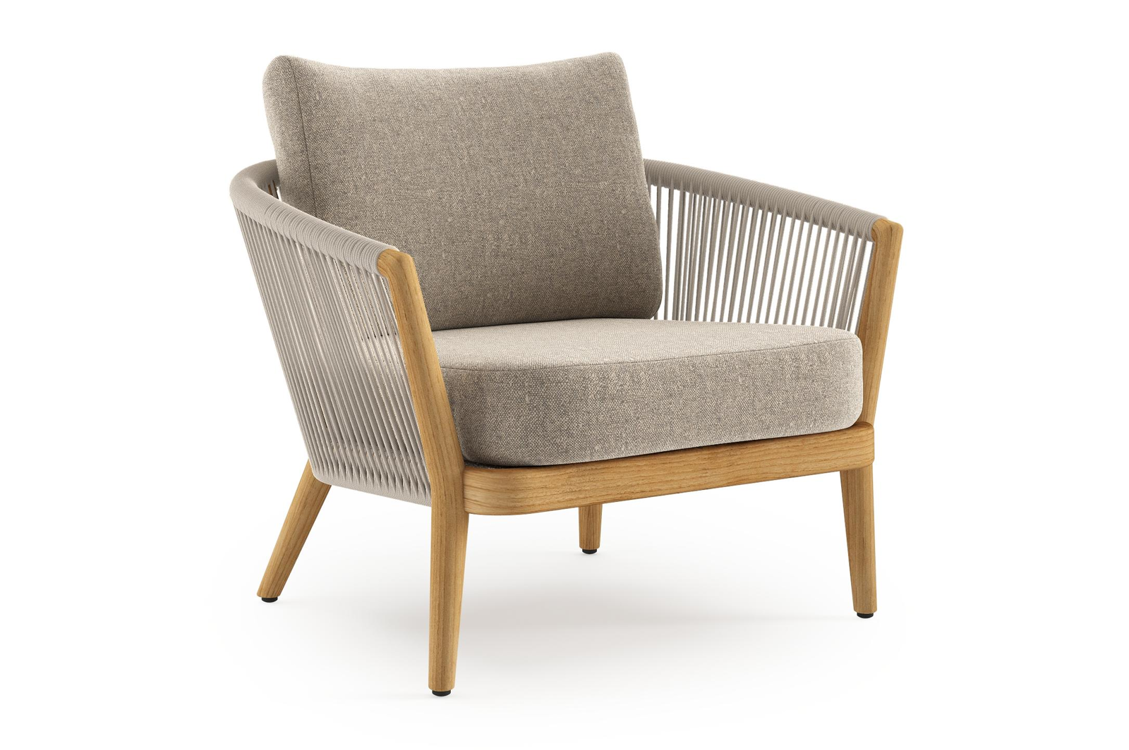 Fauteuil de jardin Orso en tecken corde ronde tissée verticalement beige et coussins en all weather sunbrella® luxe Chartres Pewter