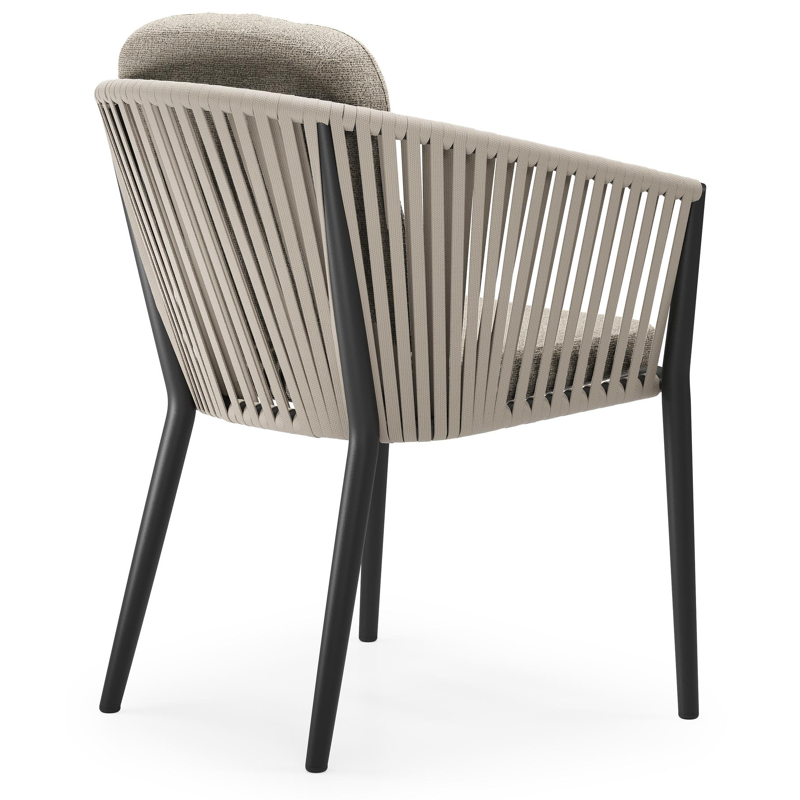 Orso tuinstoel in zwart aluminium en beige verticaal geweven vlakke rope met luxe zitkussen in All Weather Cosytica Catania Beige