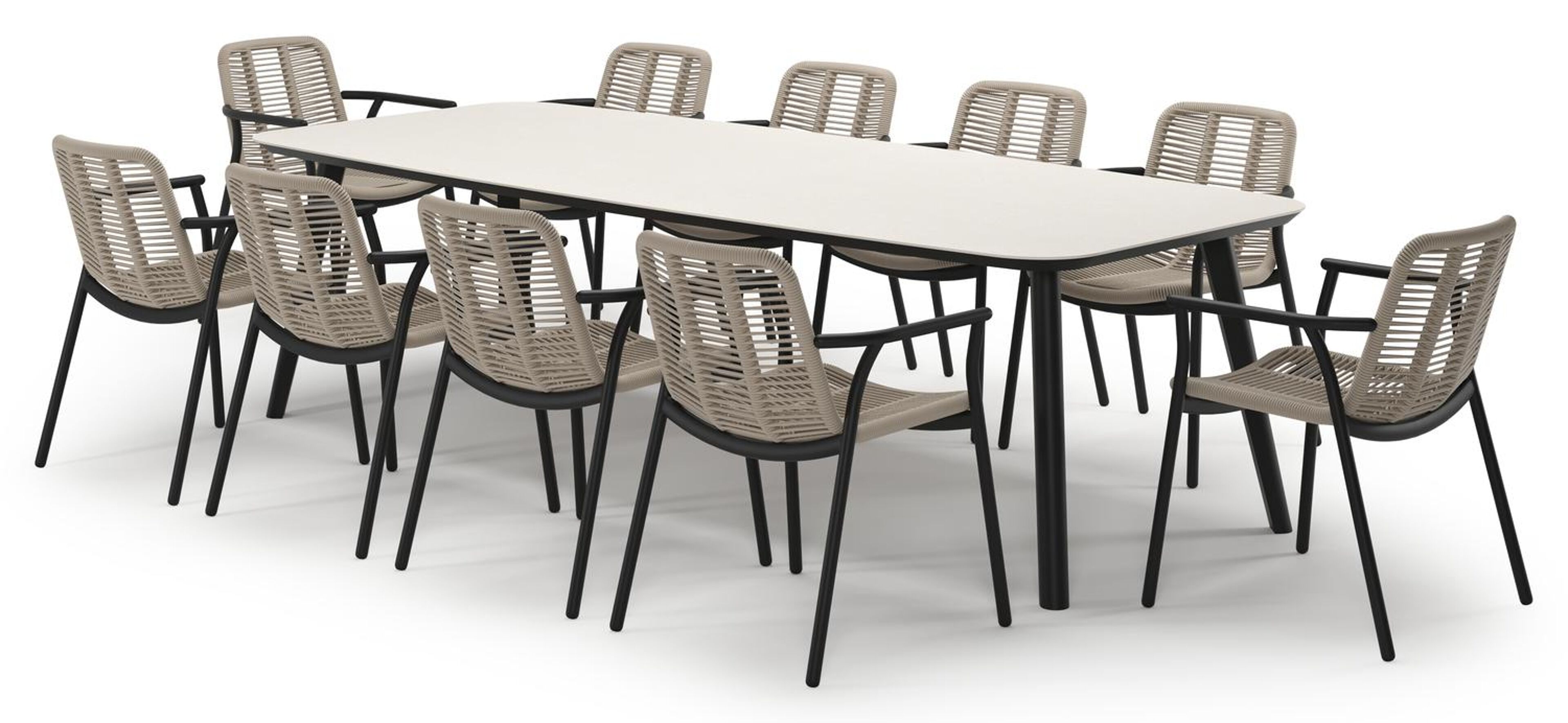 Mosa tuinset in zwart aluminium en crema minerale sintered stone met 10 stapelbare Berga tuinstoelen