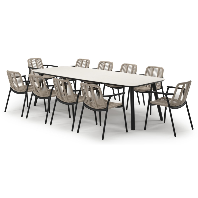 Mosa tuinset in zwart aluminium en crema minerale sintered stone met 10 stapelbare Berga tuinstoelen