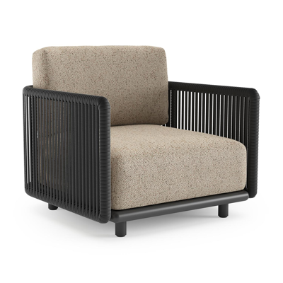 Organo loungestoel in zwart aluminium en zwart verticaal geweven luxe vlakke rope met bora jungle all weather Cosytica kussen