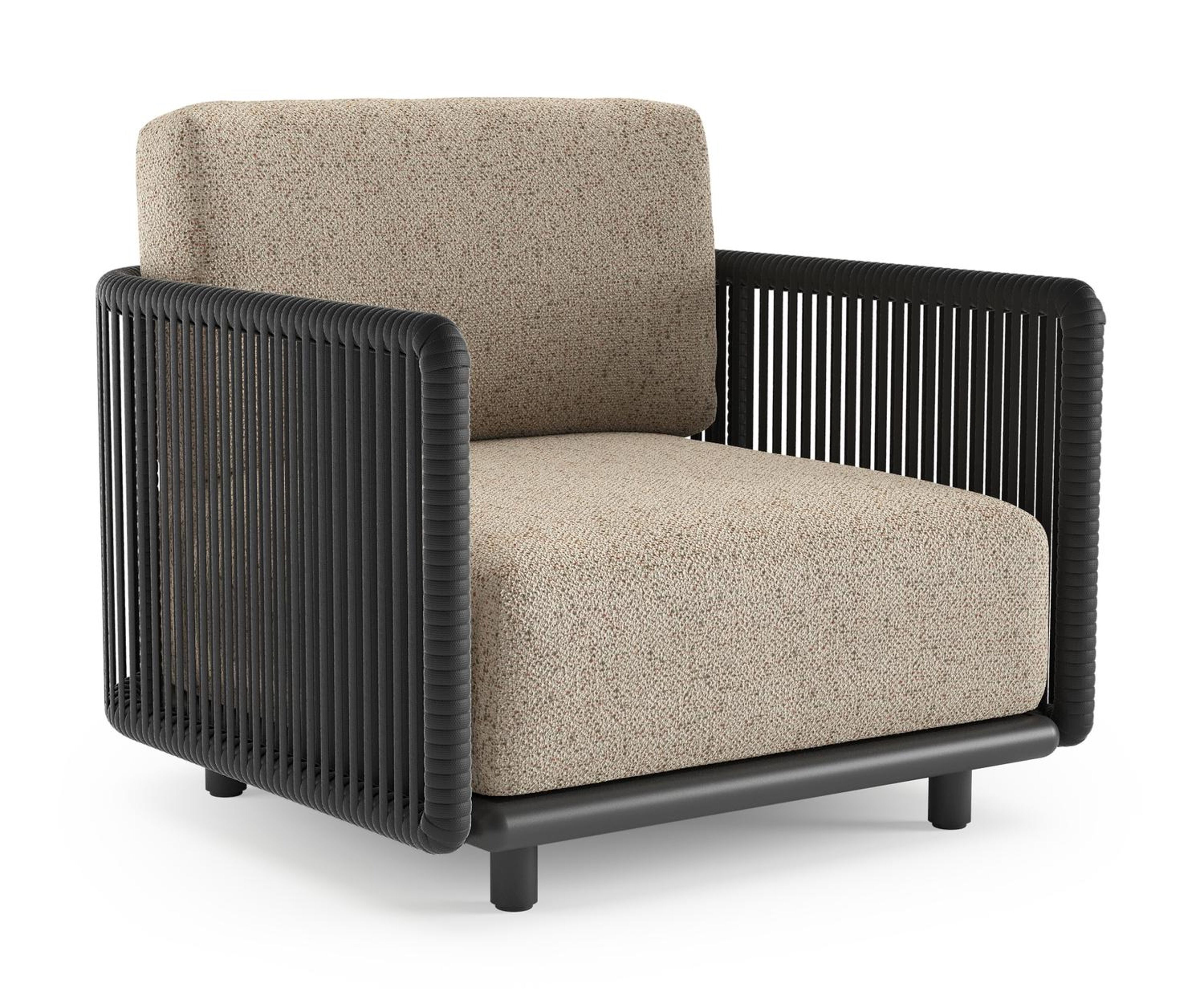 Organo loungestoel in zwart aluminium en zwart verticaal geweven luxe vlakke rope met bora jungle all weather Cosytica kussen