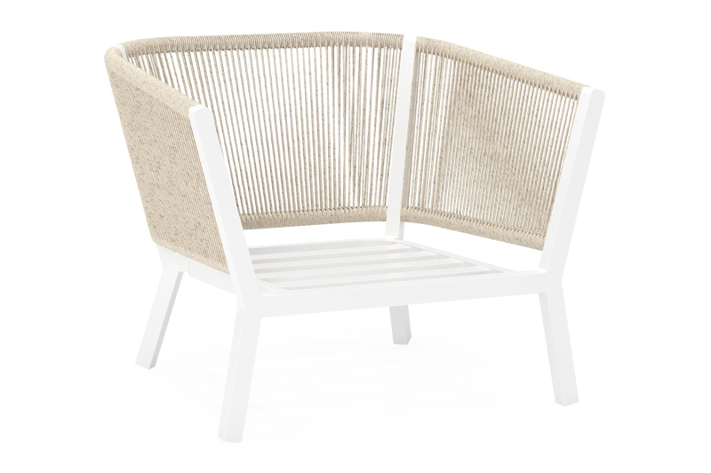 Cordoba loungestoel in wit aluminium en beige verticaal geweven ronde rope met rustic weather+ softtouch kussen
