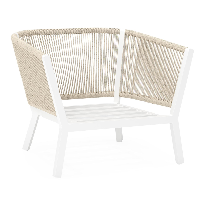 Cordoba loungestoel in wit aluminium en beige verticaal geweven ronde rope met rustic weather+ softtouch kussen