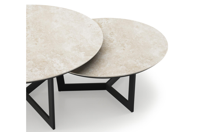 Ensemble de 2 tables de basses Lacrima ronde en aluminium noir et céramique pleine Rapolano - Diam. 85/65 x Haut. 35/30 cm