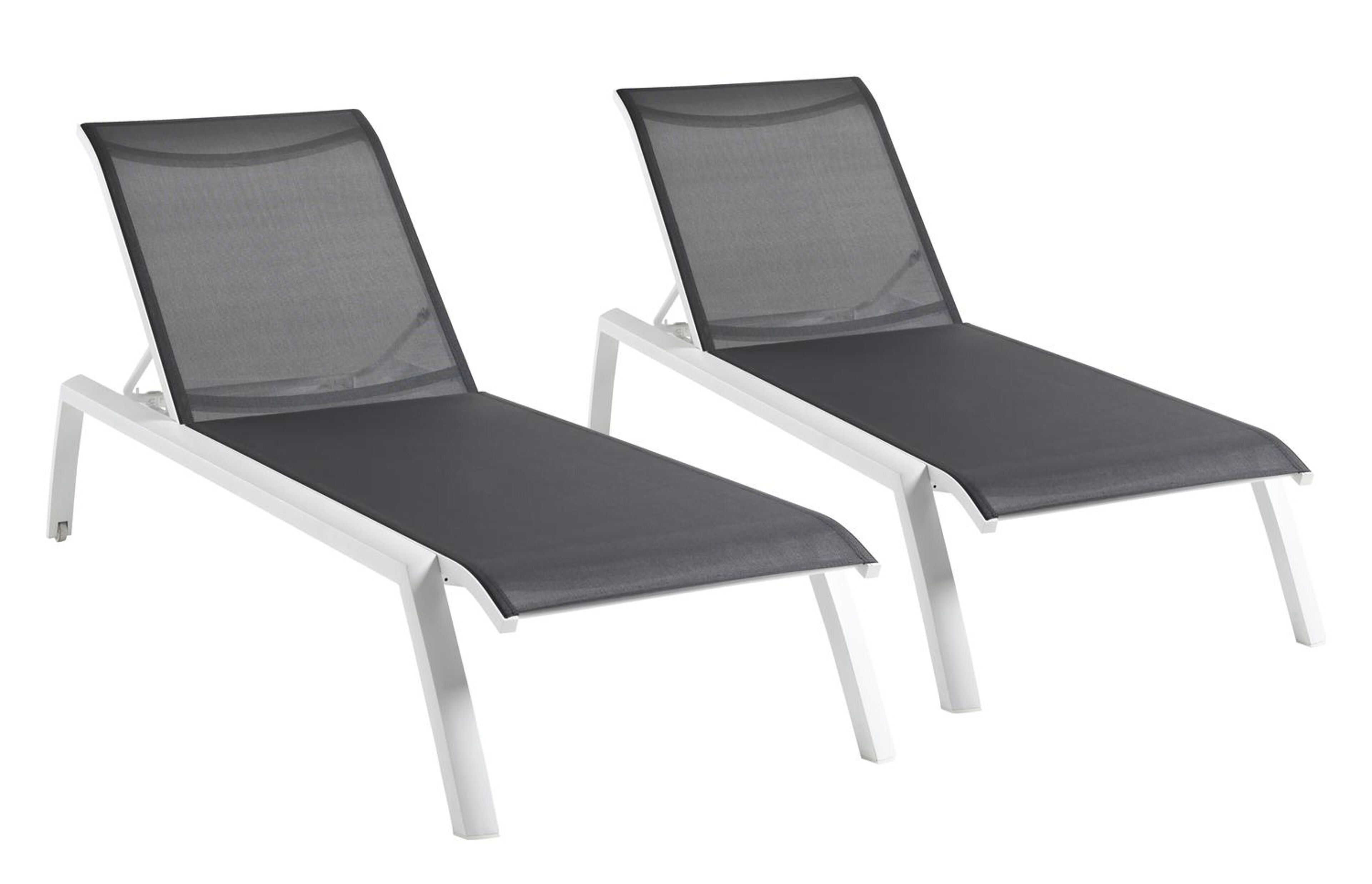 Ensemble de 2 chaises longues réglables Bari en aluminium blanc avec textilène gris