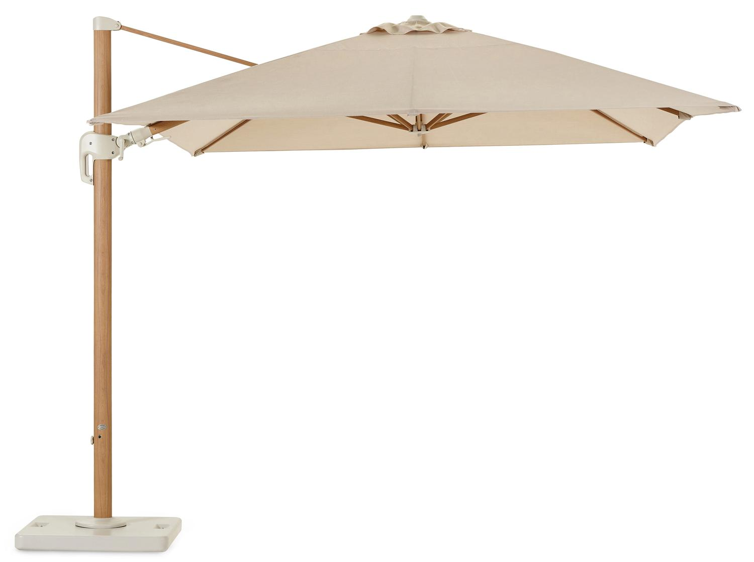 Rufina zweefparasol met tiltfunctie in houtlook met beige all weather sunbrella® premium parasoldoek - L1 300 x L2 400 cm (met voet)