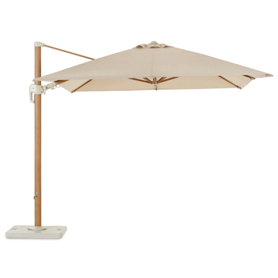 Rufina zweefparasol met tiltfunctie in houtlook met beige all weather sunbrella® premium parasoldoek - L1 300 x L2 400 cm (met voet)