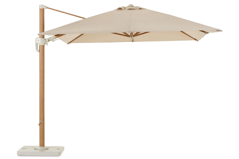 Rufina zweefparasol met tiltfunctie in houtlook met beige all weather sunbrella® premium parasoldoek - L1 300 x L2 400 cm (met voet)