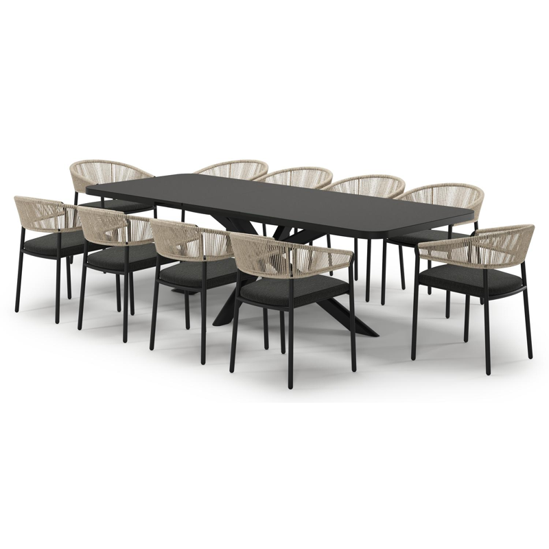 Ensemble de jardin Estella extensible rectangulaire en aluminium noir et sintered stone Notte minerale avec 10 chaises de jardin Zamora