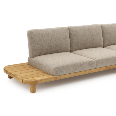 Donato loungehoek in teak en beige verticaal geweven ronde rope met all weather cosytica Bora Jungle kussen