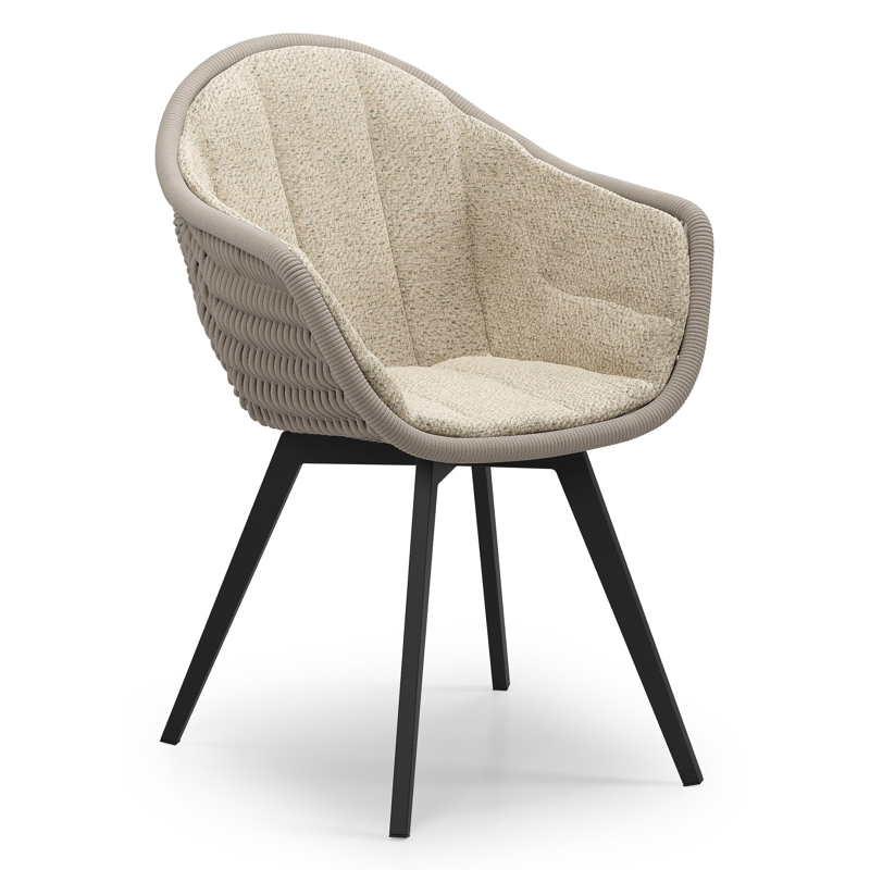 Pagino tuinstoel in zwart aluminium en beige verticaal geweven ronde rope met zitkussen in All Weather Cosytica Bora Forest