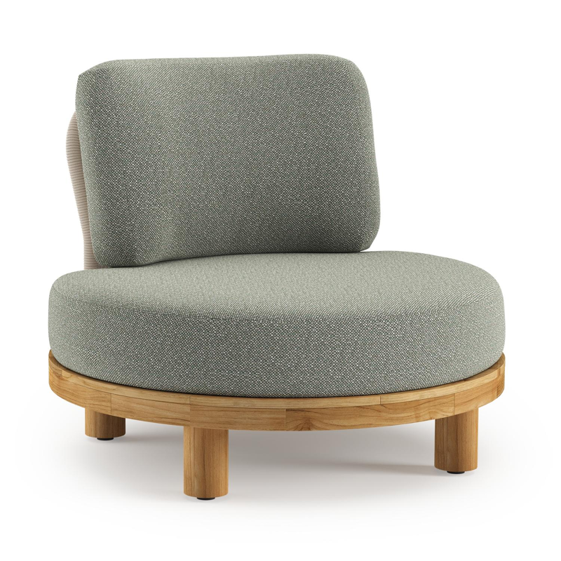 Donato loungestoel in teak en beige verticaal geweven ronde rope met all weather sunbrella® luxe Savane Leaf kussen