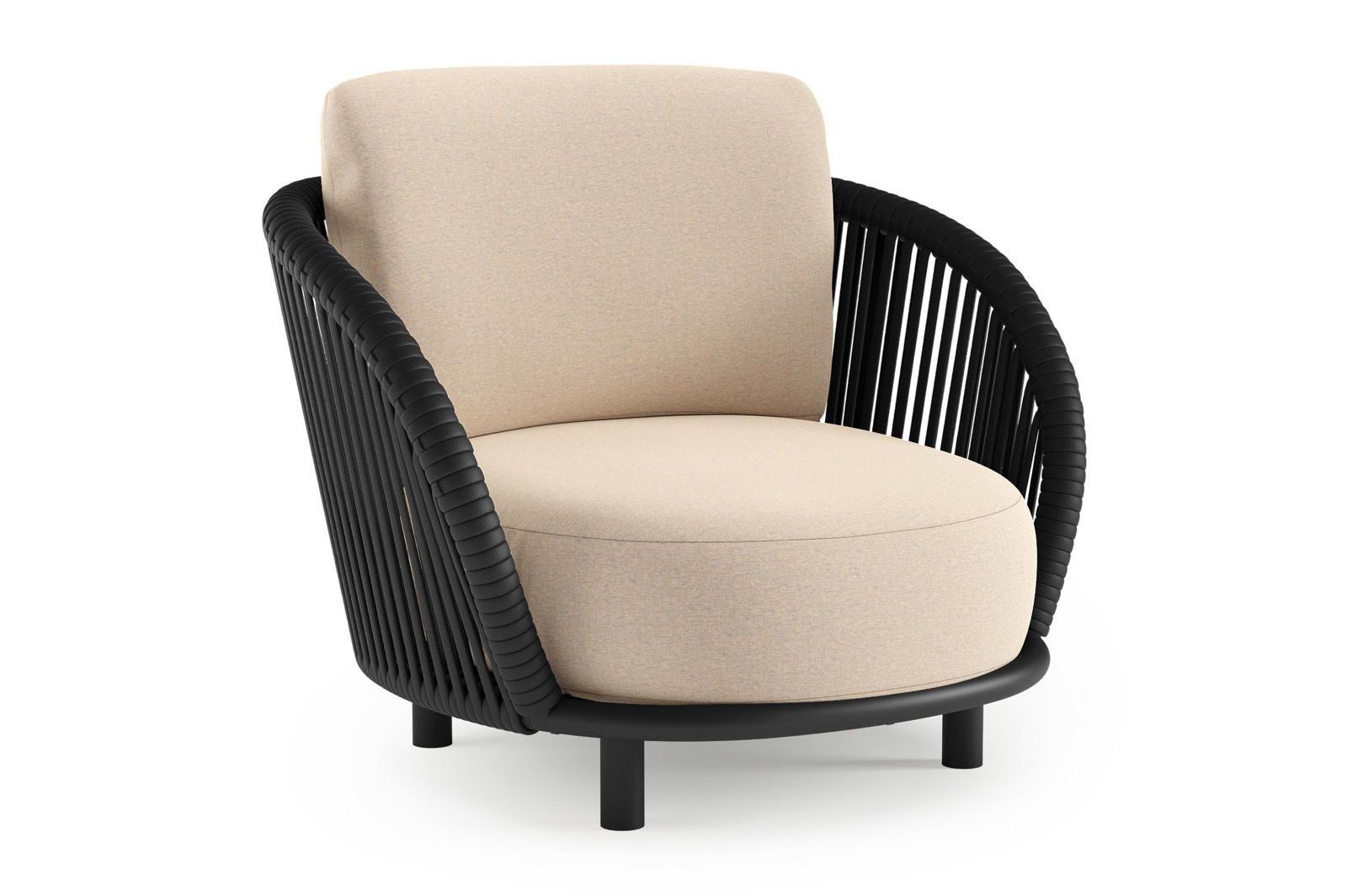 Lupino loungestoel in zwart aluminium en zwart verticaal geweven luxe vlakke brede rope met heritage papyrus all weather sunbrella® luxe kussen