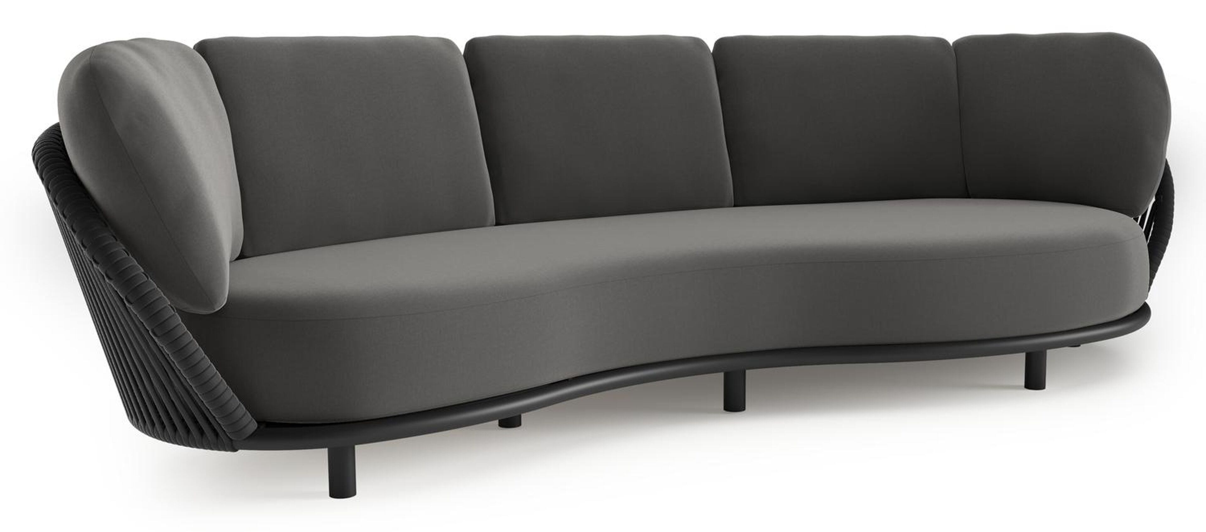 Canapé de jardin Lupino en aluminium noir et corde large plate de luxe tissée verticalement noir et coussins en all weather sunbrella® luxe natte charcoal chine