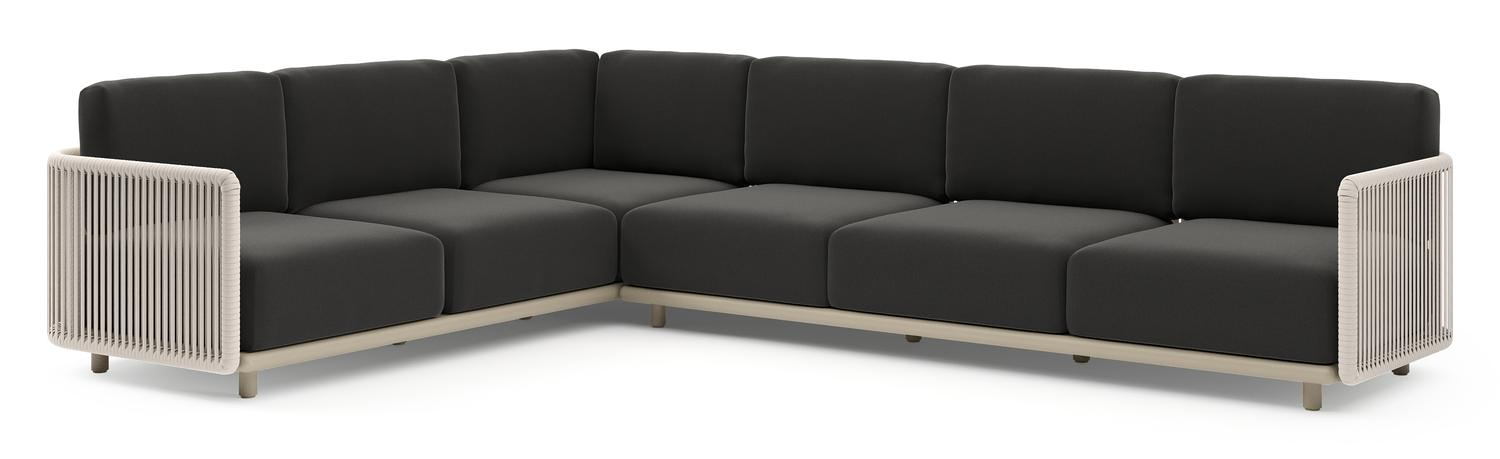 Organo loungehoek in beige aluminium en beige verticaal geweven luxe vlakke rope met natte sooty all weather Sunbrella® luxe kussen