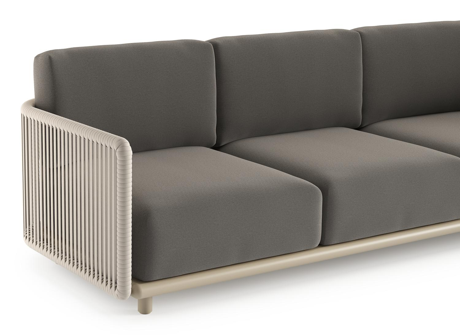 Canapé de jardin Organo en aluminium beige et corde luxe plate tissée verticalement beige et coussin en all weather Sunbrella® luxe natte dark taupe