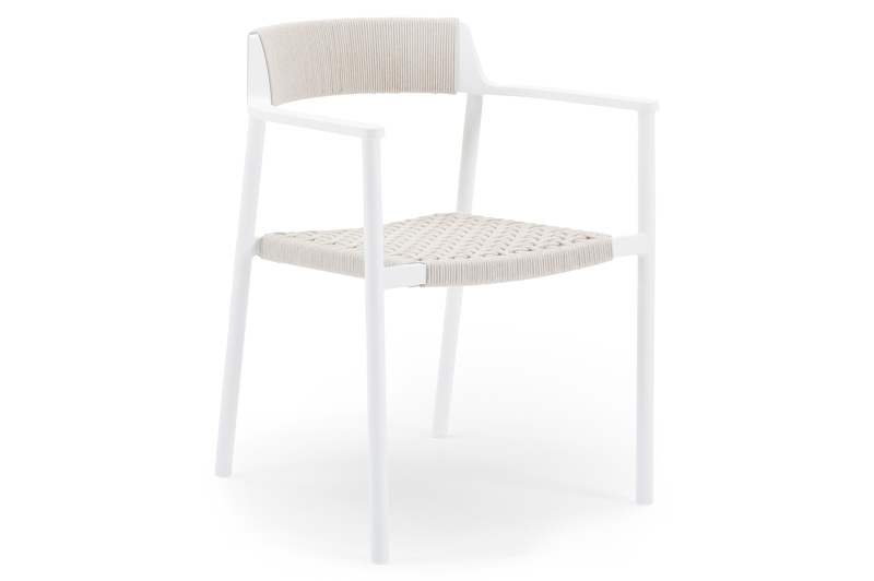Fiordo tuinstoel in wit aluminium en beige vierkant geweven ronde rope 