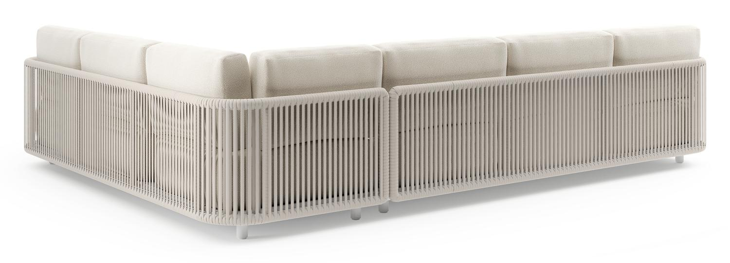 Organo loungehoek in wit aluminium en beige verticaal geweven luxe vlakke rope met althea off white All Weather Cosytica kussens