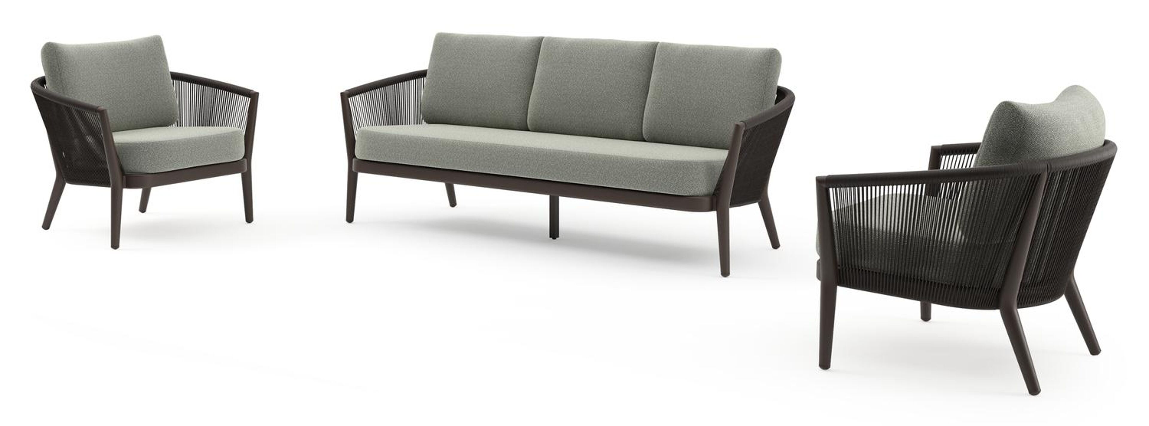 Salon de jardin Orso en aluminium brun foncé en corde ronde tissée verticalement brun foncé et coussins en all weather sunbrella® luxe Savane Leaf