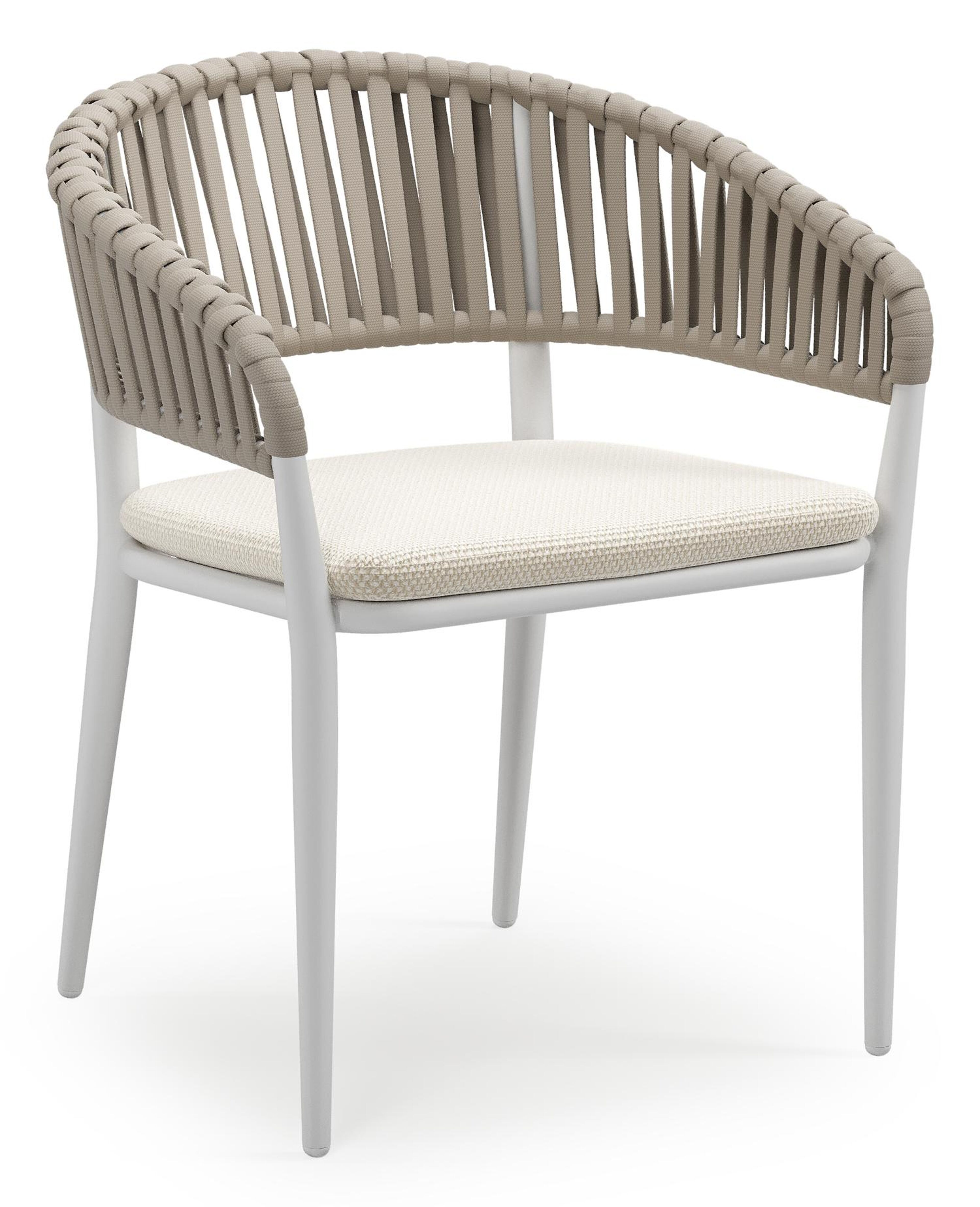 Tolfa stapelbare tuinstoel in wit aluminium en beige verticaal geweven luxe vlakke brede rope met stoelkussen in All Weather Cosytica Althea Off White