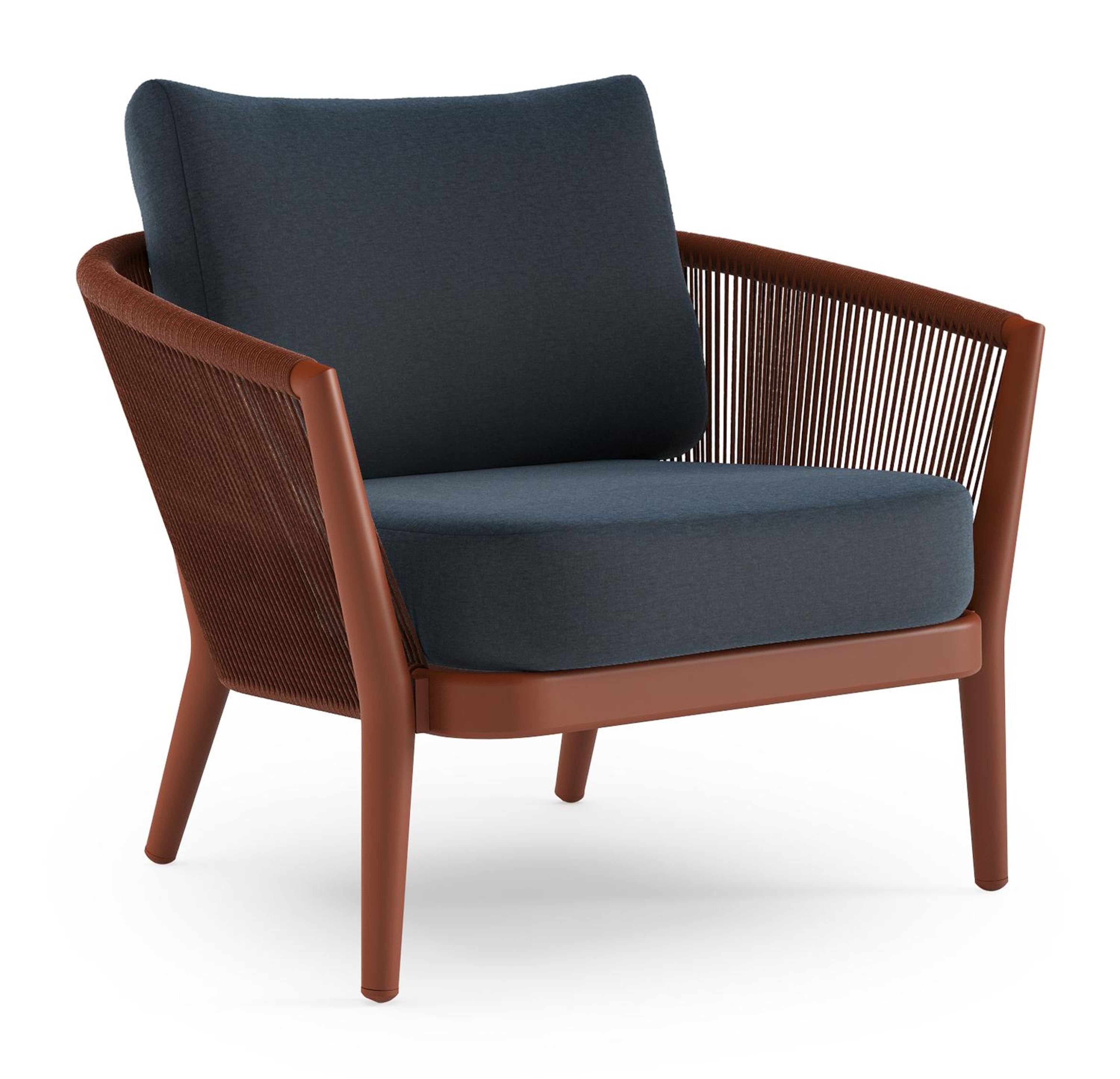 Orso loungestoel in roestbruin aluminium en roestbruin verticaal geweven ronde rope met Heritage Indigo All Weather Sunbrella® luxe kussen