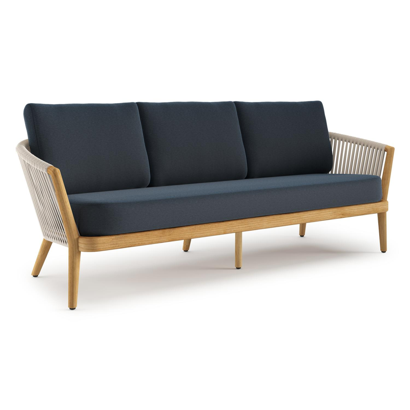Orso loungebank in teak en beige verticaal geweven luxe vlakke rope met Heritage Indigo all weather sunbrella® luxe kussen